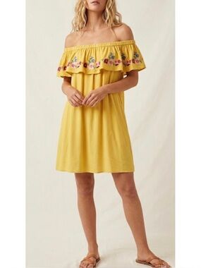 Faithful+ True Off The Shoulder Floral Embroidered Yellow Mini Dress